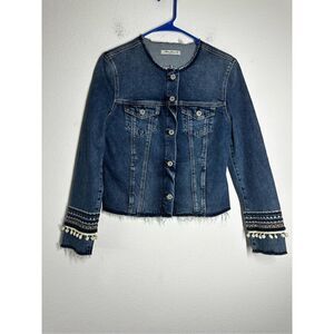 Mavi Embellished Jean Jacket Button Front Raw Hem